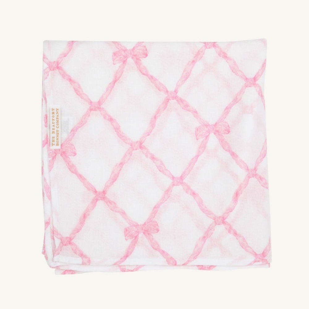 The Beaufort Bonnet Company Silent Night Swaddle Pink Bow Trellis Cotton Blanket